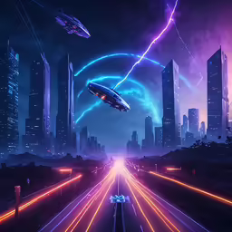 an animated futuristic city at night with city lights and ships in the distance