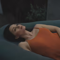 a woman laying on a sofa looking up at something