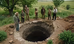 six men are looking inside a large hole in the ground
