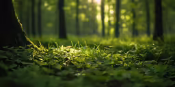 sunlight shines through the trees and grass in a forest