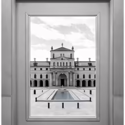 an architectural photo framed in a silver frame