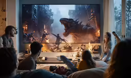 a group of people sitting in front of a tv