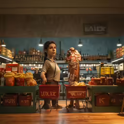 two women in a store stand with baskets of fruit and snacks