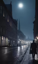 a man walking on a dark city street at night