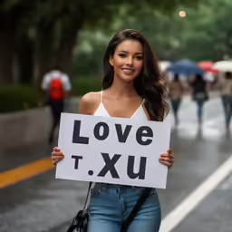 a girl is holding up a sign reading love t xu