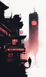 a man walking on a street next to buildings in the fog