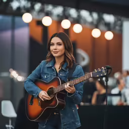 a beautiful woman holding a guitar on top of a stage