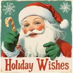 a christmas card with santa clause holding a candy cane