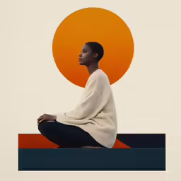 a woman is seated against an orange sun