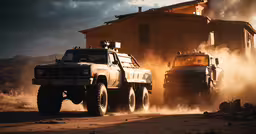 two trucks driving next to each other in front of a building,two hummer trucks with smoke behind them in the middle of a desert