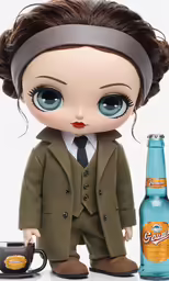 a doll with glasses and a bottle next to it