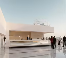 a crowd of people waiting outside an art exhibit