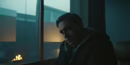 a man looking out a window at the flames in a building