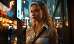 woman in dress shirt with black tie and glasses looking at street lights