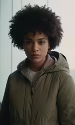 woman with very large afro standing looking at camera