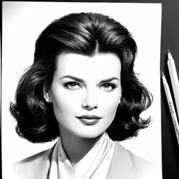 black and white photograph of a woman in a suit and a collar with two pencils