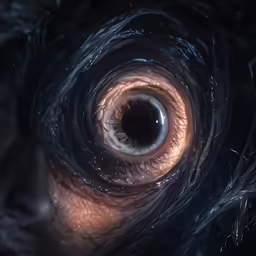 a large eye with black and white streaks coming out of it