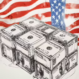 drawing of three stacks of money in front of the american flag