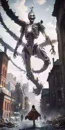 a man walks down the street past a giant skeleton