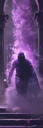 a purple and black image of a person in an area with archways,an abstract purple picture of a man kneeling in front of a doorway