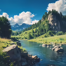 a river that is surrounded by rocks and grass