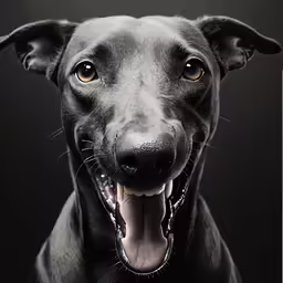 the dog is smiling and yawning with its mouth wide open