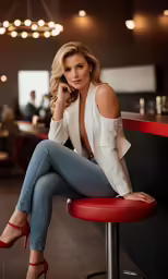 a woman sitting at a bar while holding a red stool