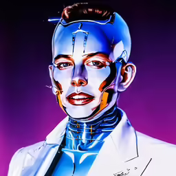 painting image of futuristic man, in white suit