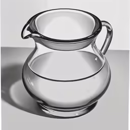 a black and white photo of a glass water pitcher
