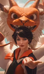 an animated cartoon photo with a cat above her head