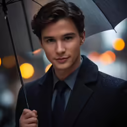 the young man in the suit has an umbrella