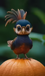 a colorfully dressed bird sits on an orange