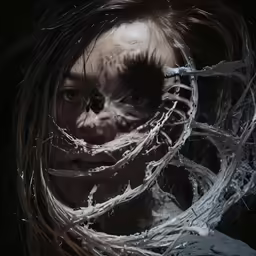 the woman is holding a hair - weaving around her neck