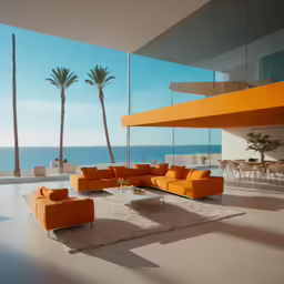 an orange couch, coffee table and chairs in front of large windows
