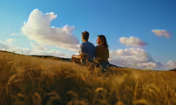 two people sitting in a field with a sky background