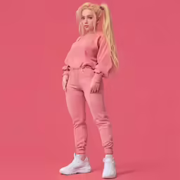 a blonde girl in pink sweats and sneakers stands against a pink background