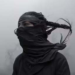a woman in the rain wearing a black mask and braids