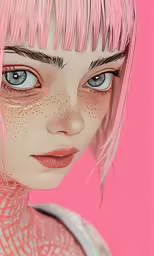 the girl is wearing pink and her hair is straight up