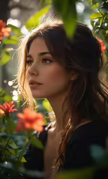 a woman standing in some red flowers under green leaves