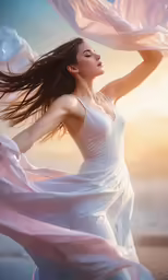 a beautiful woman in a dress is posing with the wind