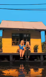 a painting of two women sitting on a dock by a small yellow building
