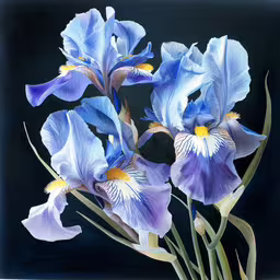 several blue and white flowers on a black background,blue irises with yellow stamens and stems on black