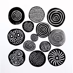 a drawing with black and white circles and a circular design,eight different sized circles in black and white