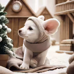 a white dog is wearing a beige sweater