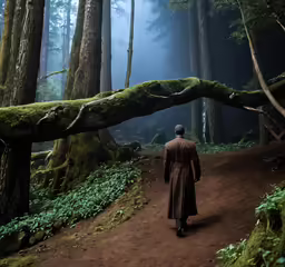 a man walks along the path near the fallen trees