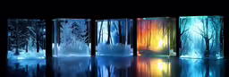 four square glass containers sitting on top of a table,three colorful lights and some snow trees