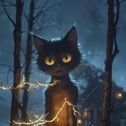 a cat that is in the woods with lights