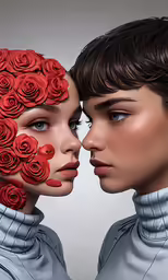 two women with red rose faces over each other