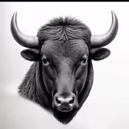 a black cow with large horns is looking down at the camera