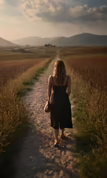 a woman wearing a black dress walking on a dirt road